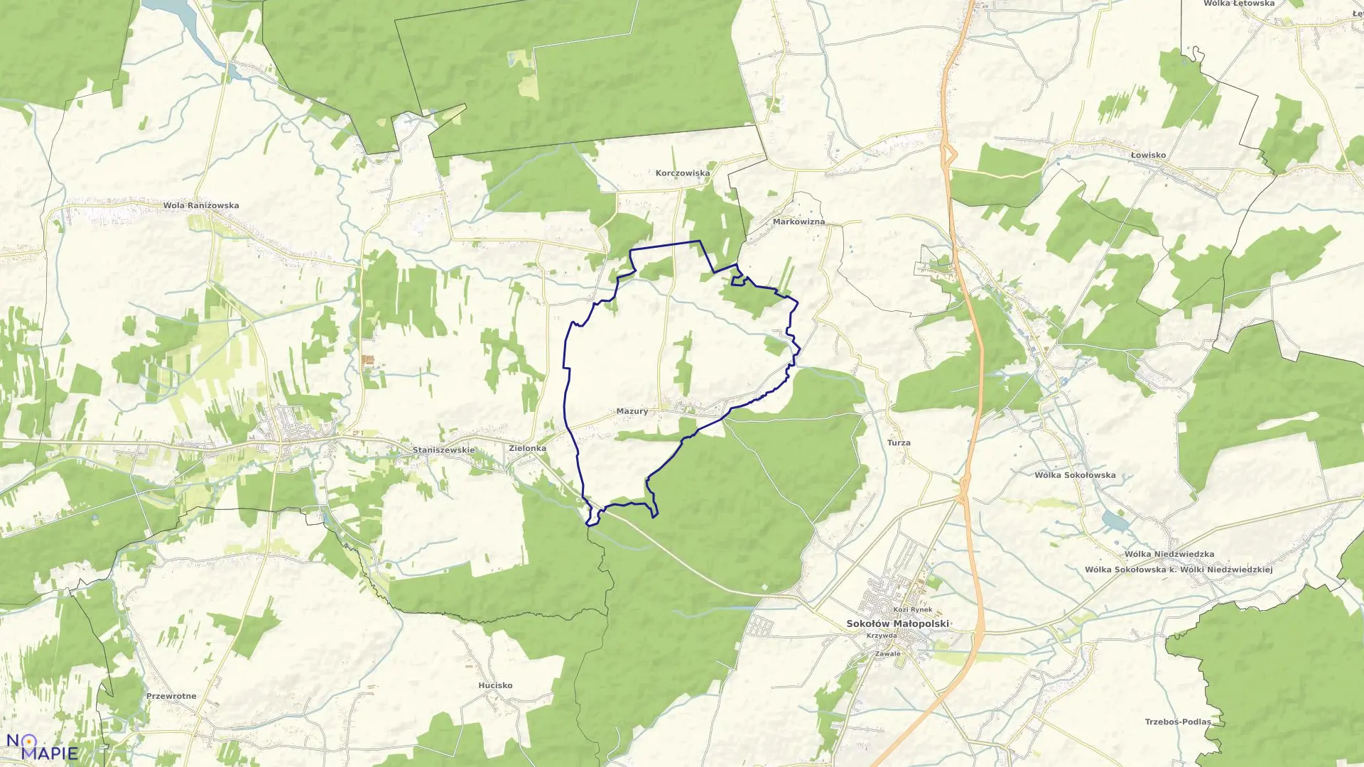 Mapa obrębu Mazury w gminie Raniżów